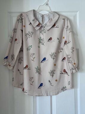 Cream Bird Print Peter Pan Collar Blouse